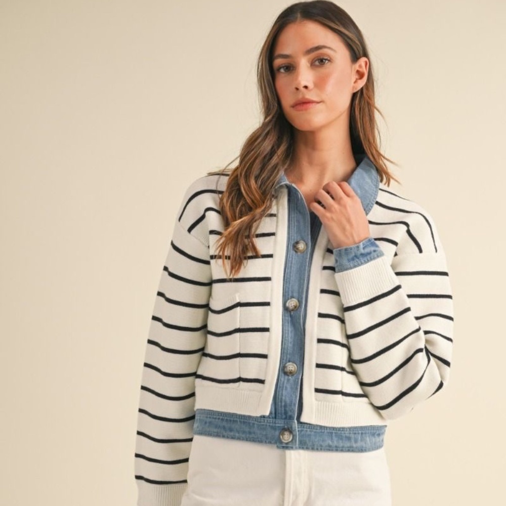 STRIPED KNIT DENIM CARDIGAN